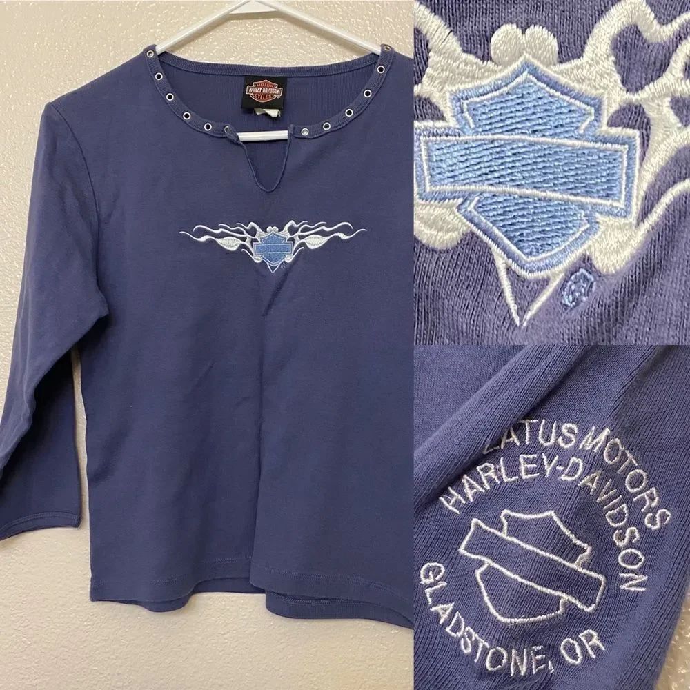 Harley Davidson Women’s 3/4 Sleeve Blue Shirt Embroidered logo size M